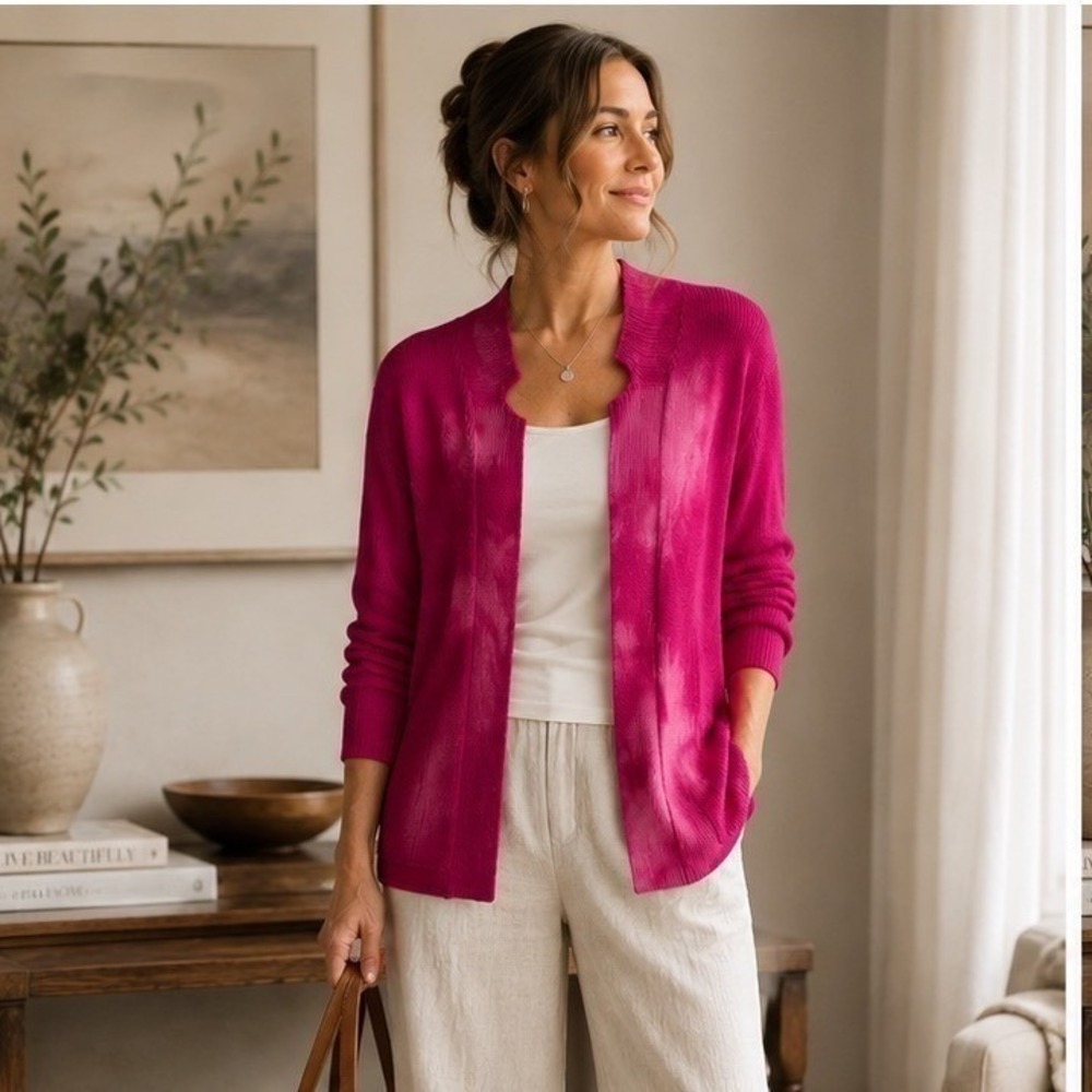 Eileen Fisher Pink Overdyed Cotton Open Cardigan XL Watercolor Dyed - Picture 7 of 7